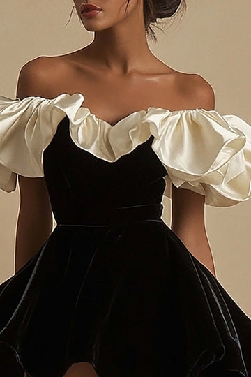 A Line Velvet Off The Shoulder Pleated Short Little Black Dress